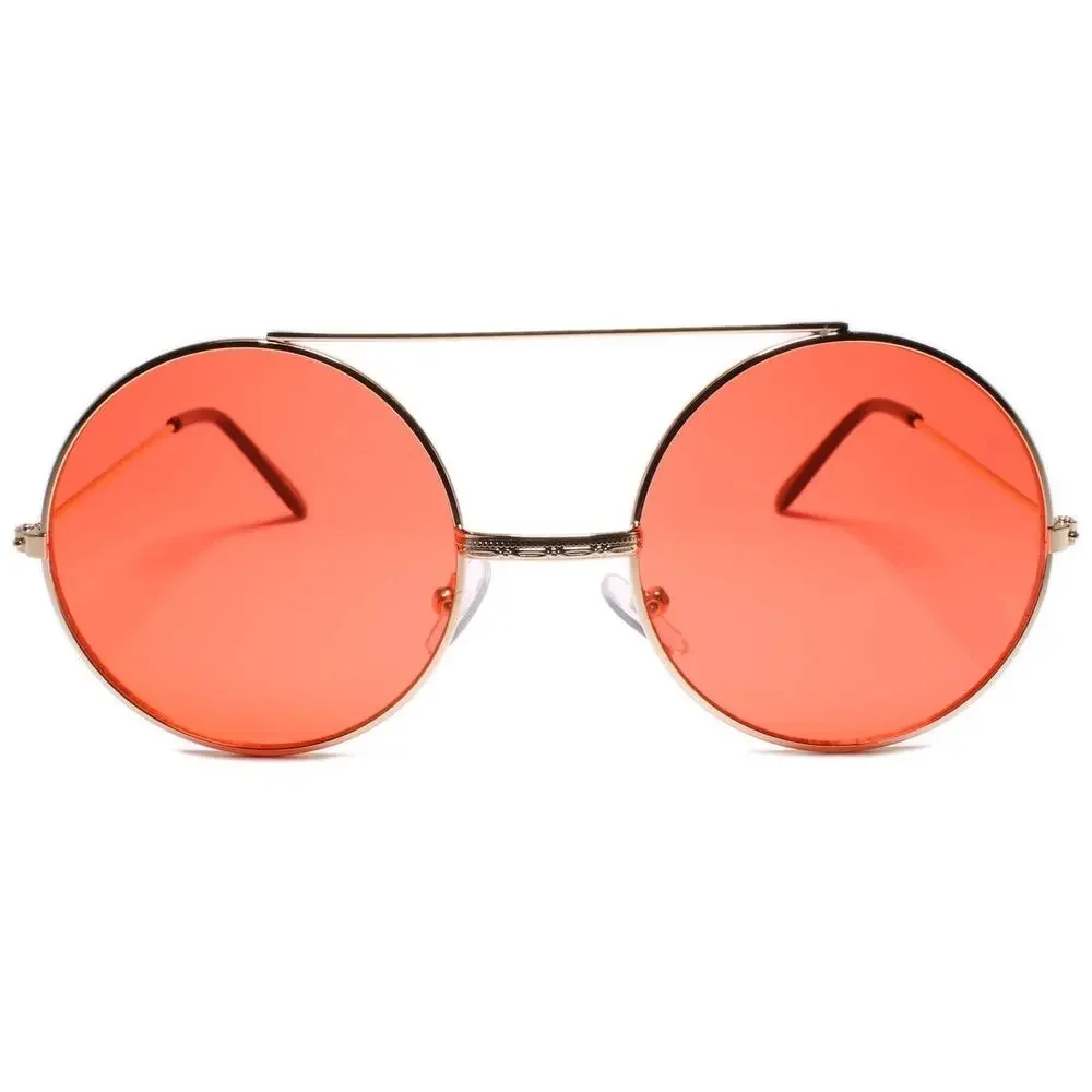 Men Classic Retro Hip Style Sunglasses Round w/ Brow Bar Gold Frame Red Lens